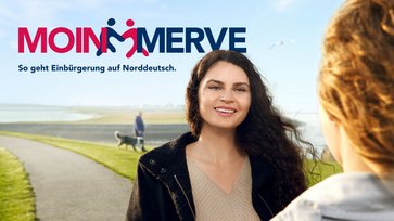 alt= "Ein Werbebild mit der Überschrift "Moin Merve. So geht Einbürgerung auf Norddeutsch.""