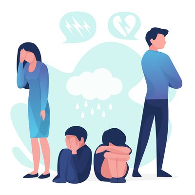 Darstellung einer vierköpfigen Familie - bestehend aus Mutter, Vater und zwei Kindern. Die Mutter steht auf der linken Seite, der Vater hingegen auf der rechten Seite. Beide Elternteile stehen wenden dem jeweils anderen den Rücken zu. Zwischen den Eltern sitzen zwei Kinder auf dem Boden, die ihr Gesicht in den Händen vergraben. Im Hintergrund sind eine Regenwolke, Blitze und ein gebrochenes Herz abgebildet. 