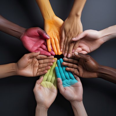 Acht Hände von acht verschiedenen Personen, werden in einem Kreis ineinander gelegt. Vier dieser Hände sind unzterschiedlich farbig angemalt.