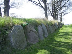 Gedenksteine, die in einer Reihe an einer Anhöhung angelegt sind.